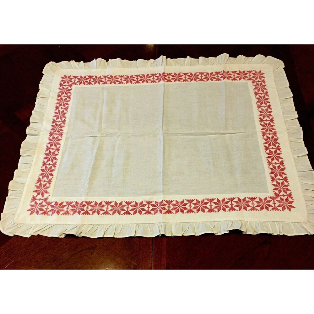 Antique Vintage Table Topper With Ruffle White With Country Pink Embroidery